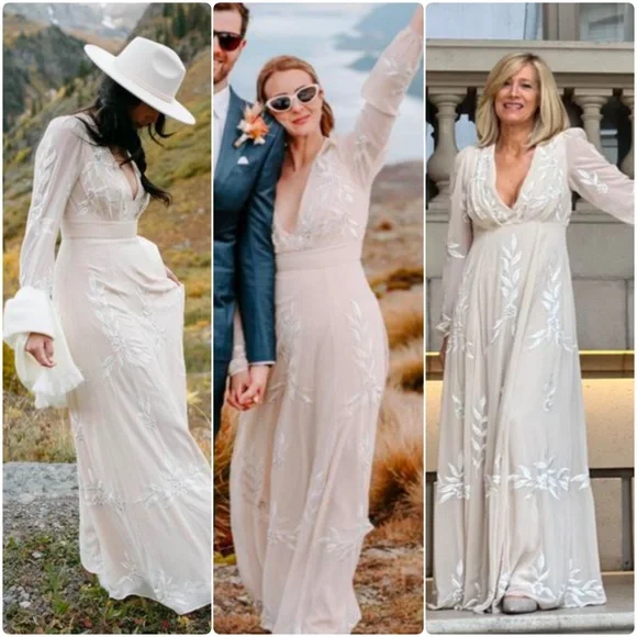 BHLDN Belize Embroidered A-Line Long-Sleeve V-Neck Gown 10 - Picture 8 of 16